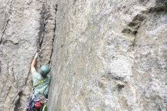 Ian heads out for pitch 4, again a perfect, slightly overhanging dihedral