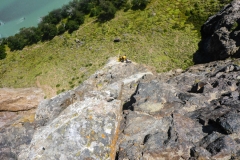 Danach wird es für eine Länge leichter (5c, 40m). Erst noch an Löchern, dann eine kurze Verschneidung, zuletzt leicht in schwarzer Lava