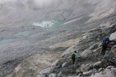 Böser Matsch und ehemaliger Permafrost bereiten hier wenig Freude. Es kommt Pech dazu: Thorsten kippt mit einer Schuppe raus und verletzt sich beim anschliessenden Abgang über das Schneefeld. So endet ein herrlicher Tag in der Notaufnahme